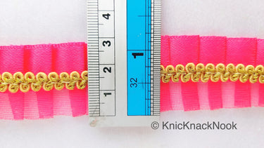 Watermelon Red Satin And Watermelon Red Net Fabric Trim With Gold Embroidery Trimming, Pleated Lace, Trim
